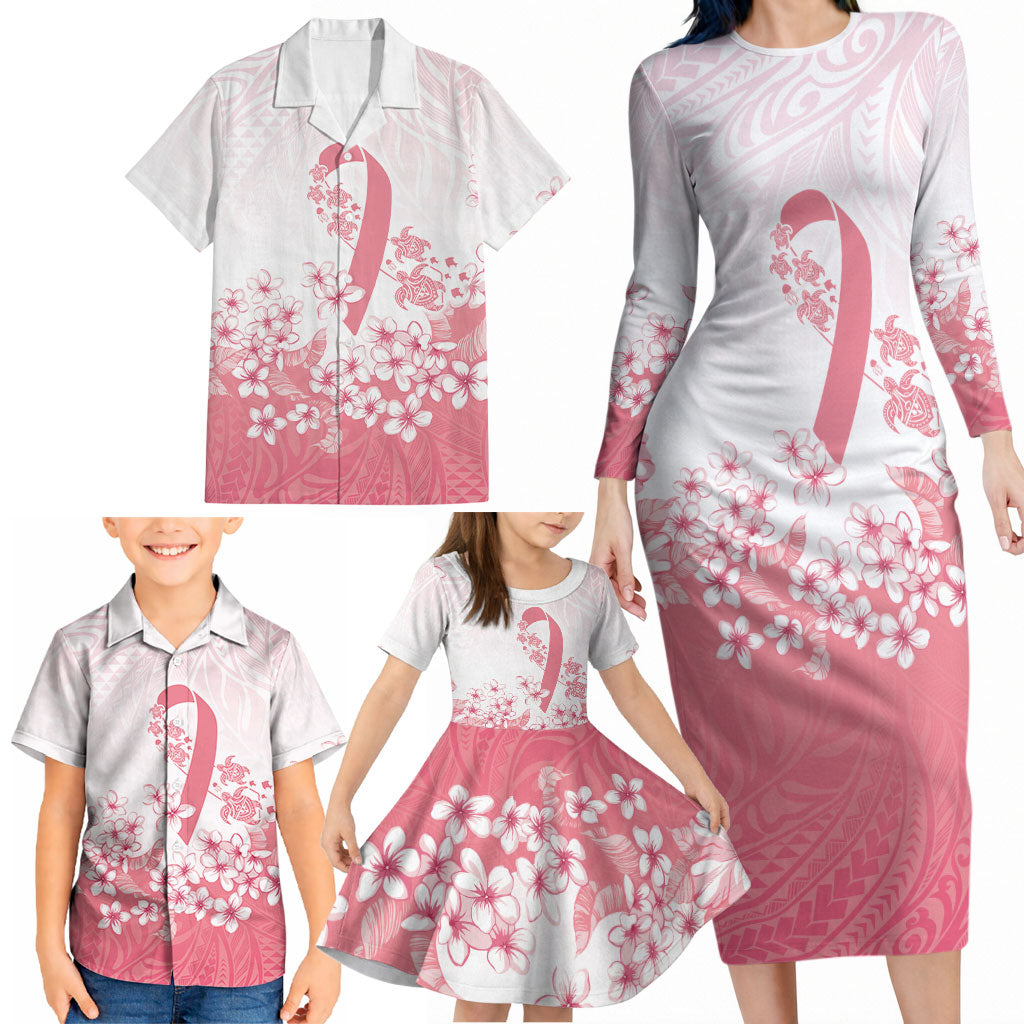 Breast Cancer Awareness Polynesian Family Matching Long Sleeve Bodycon Dress and Hawaiian Shirt Floral Pink Ribbon