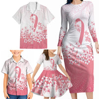 Breast Cancer Awareness Polynesian Family Matching Long Sleeve Bodycon Dress and Hawaiian Shirt Floral Pink Ribbon