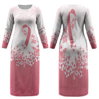 Breast Cancer Awareness Polynesian Family Matching Long Sleeve Bodycon Dress and Hawaiian Shirt Floral Pink Ribbon