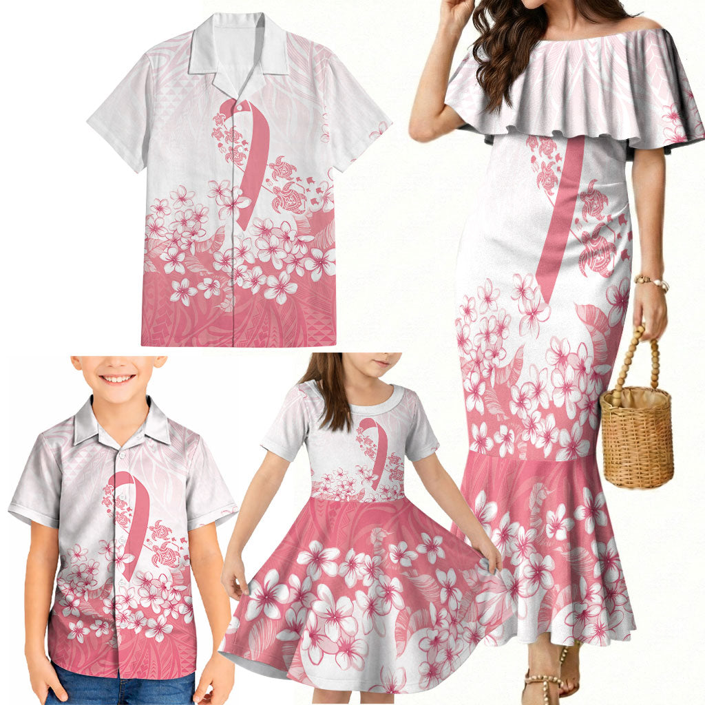 Breast Cancer Awareness Polynesian Family Matching Mermaid Dress and Hawaiian Shirt Floral Pink Ribbon