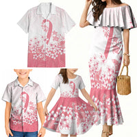 Breast Cancer Awareness Polynesian Family Matching Mermaid Dress and Hawaiian Shirt Floral Pink Ribbon