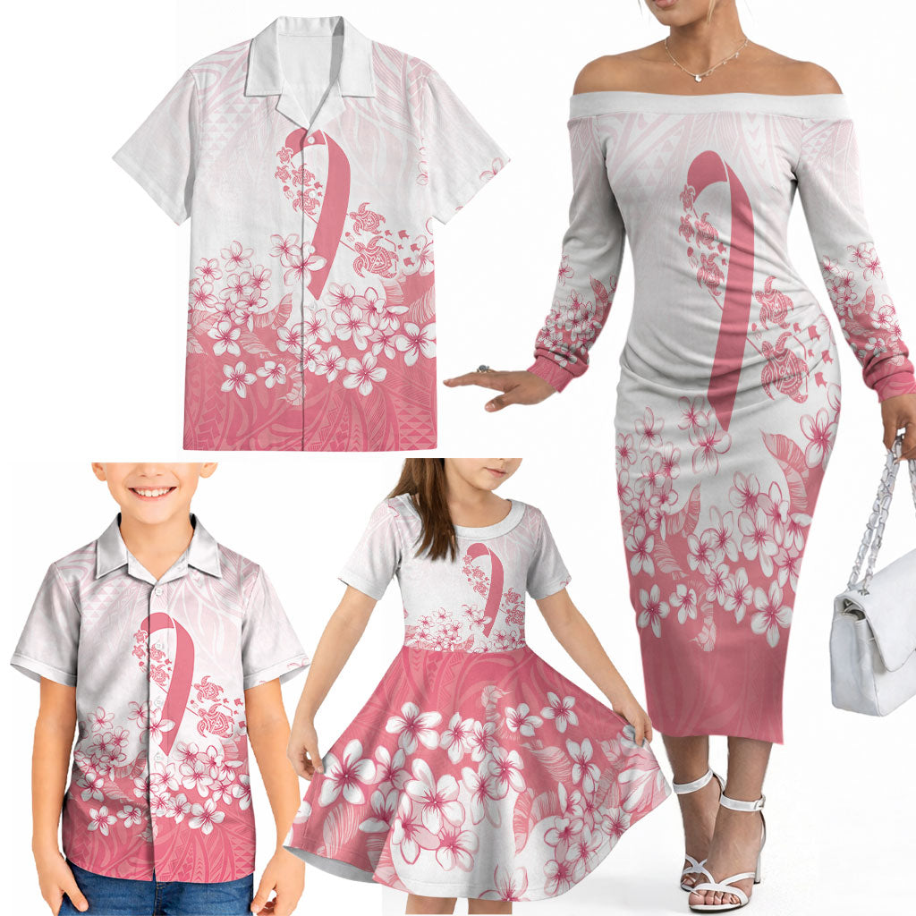 Breast Cancer Awareness Polynesian Family Matching Off The Shoulder Long Sleeve Dress and Hawaiian Shirt Floral Pink Ribbon