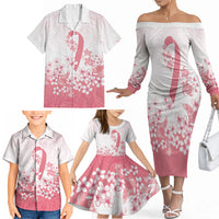 Breast Cancer Awareness Polynesian Family Matching Off The Shoulder Long Sleeve Dress and Hawaiian Shirt Floral Pink Ribbon