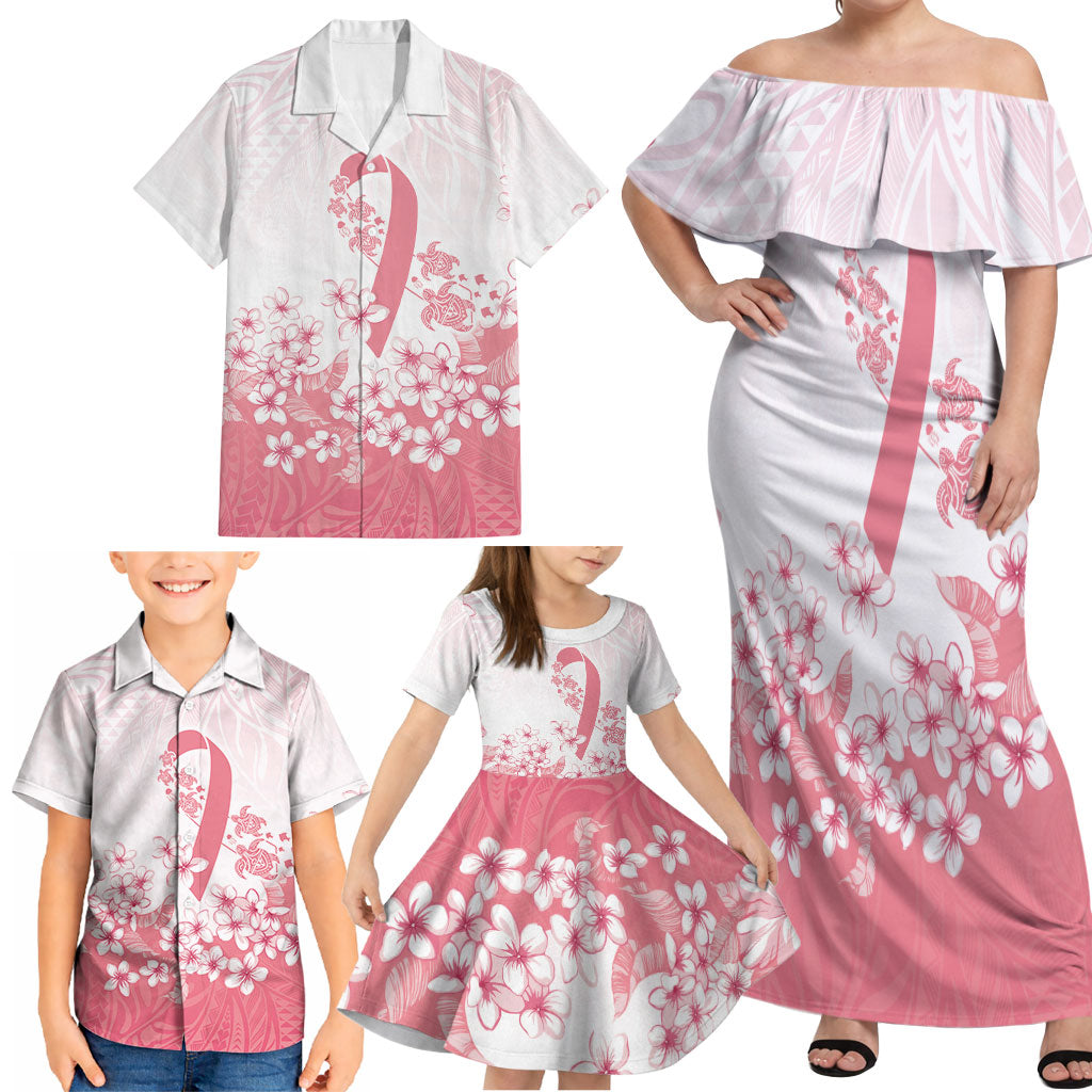 Breast Cancer Awareness Polynesian Family Matching Off Shoulder Maxi Dress and Hawaiian Shirt Floral Pink Ribbon