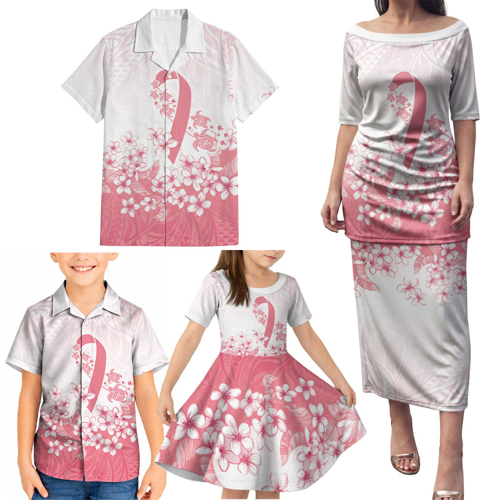 Breast Cancer Awareness Polynesian Family Matching Puletasi and Hawaiian Shirt Floral Pink Ribbon