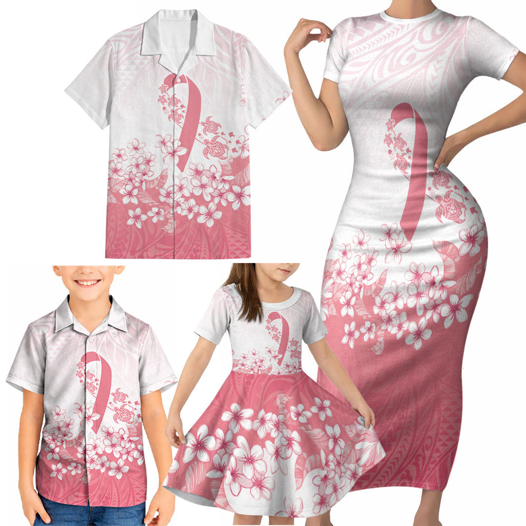 Breast Cancer Awareness Polynesian Family Matching Short Sleeve Bodycon Dress and Hawaiian Shirt Floral Pink Ribbon