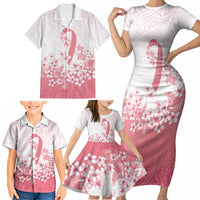 Breast Cancer Awareness Polynesian Family Matching Short Sleeve Bodycon Dress and Hawaiian Shirt Floral Pink Ribbon