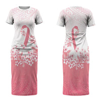 Breast Cancer Awareness Polynesian Family Matching Short Sleeve Bodycon Dress and Hawaiian Shirt Floral Pink Ribbon