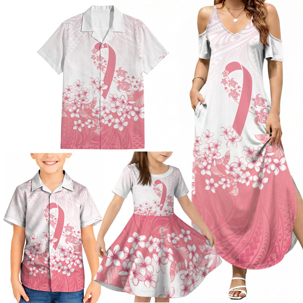 Breast Cancer Awareness Polynesian Family Matching Summer Maxi Dress and Hawaiian Shirt Floral Pink Ribbon