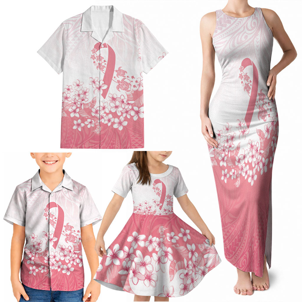 Breast Cancer Awareness Polynesian Family Matching Tank Maxi Dress and Hawaiian Shirt Floral Pink Ribbon
