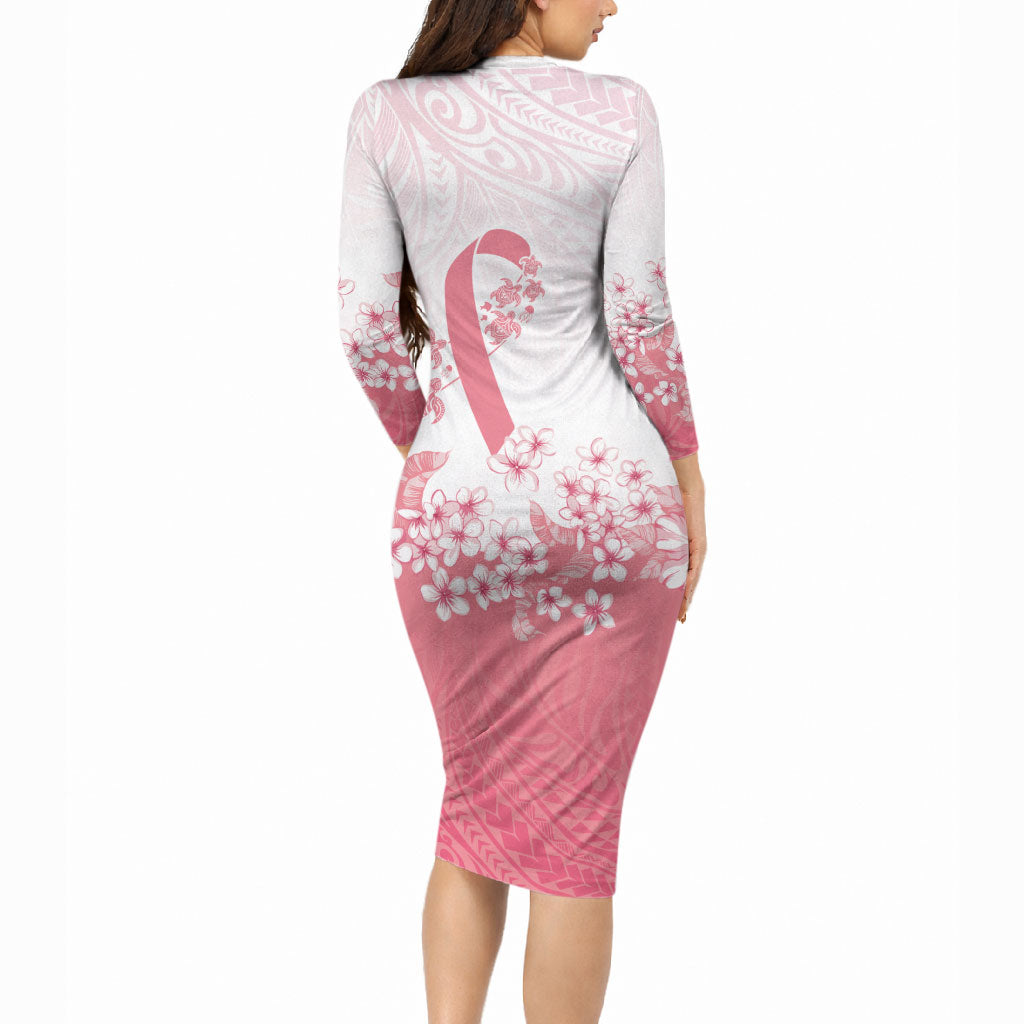 Breast Cancer Awareness Polynesian Long Sleeve Bodycon Dress Floral Pink Ribbon