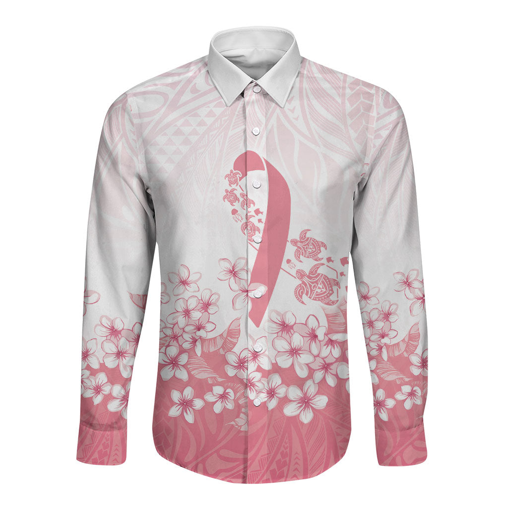 Breast Cancer Awareness Polynesian Long Sleeve Button Shirt Floral Pink Ribbon
