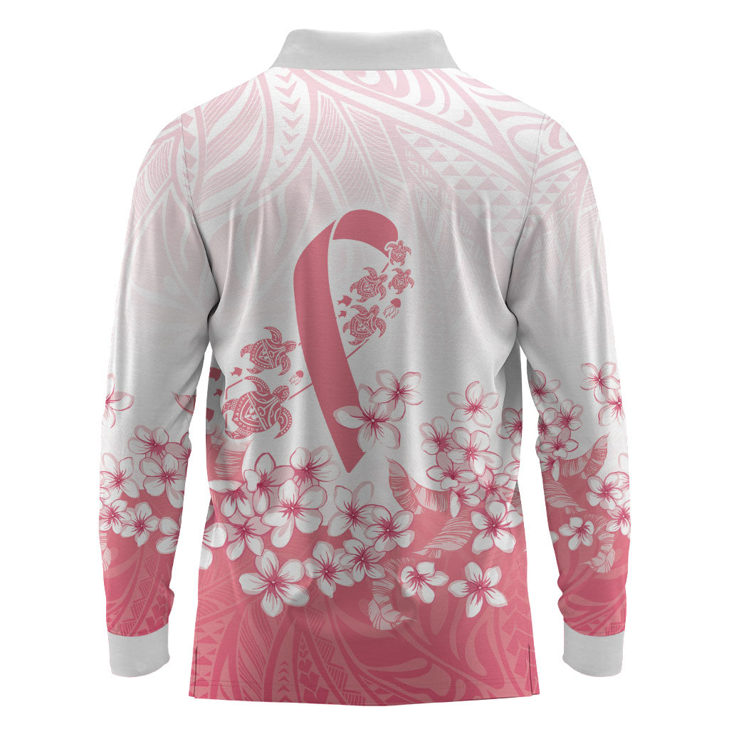 Breast Cancer Awareness Polynesian Long Sleeve Polo Shirt Floral Pink Ribbon