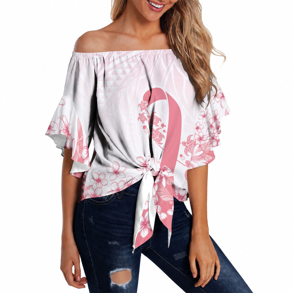 Breast Cancer Awareness Polynesian Off Shoulder Wrap Waist Top Floral Pink Ribbon