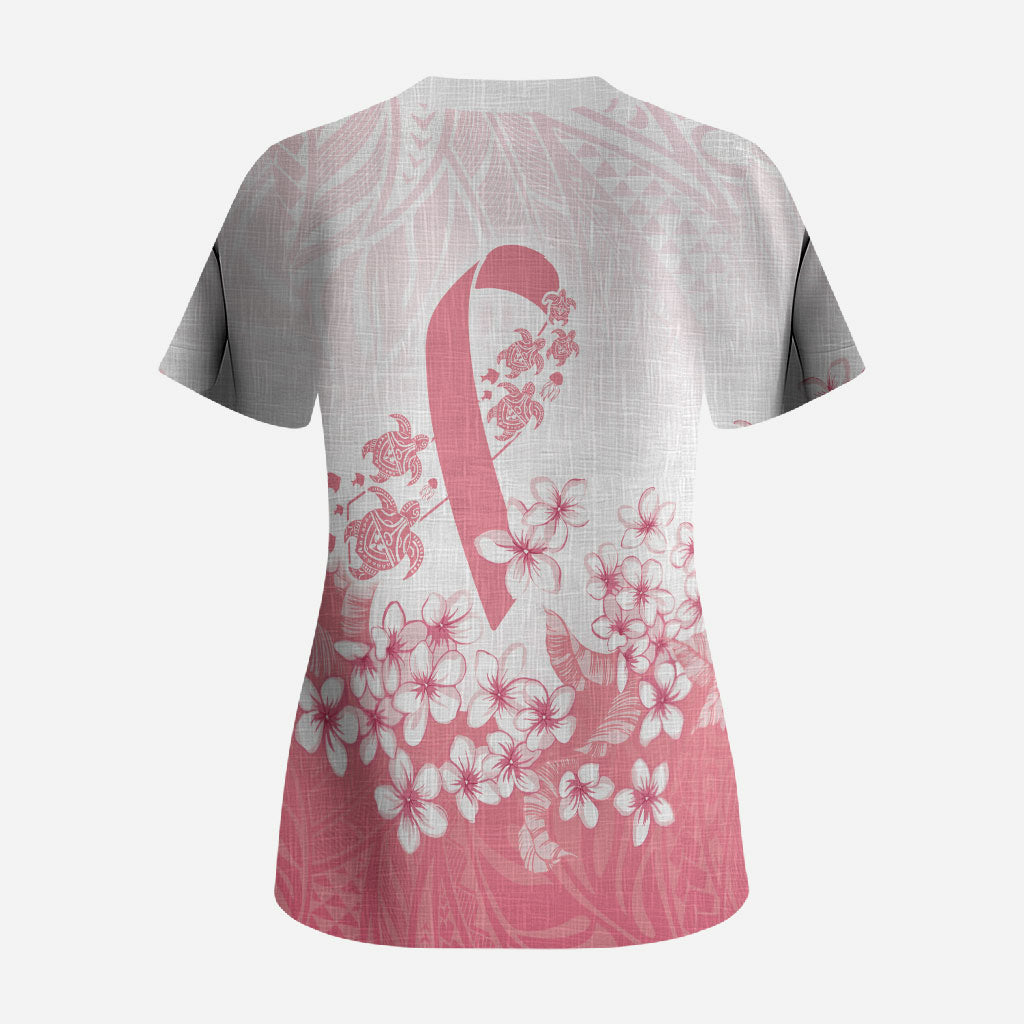 Breast Cancer Awareness Polynesian Scrub Top Floral Pink Ribbon