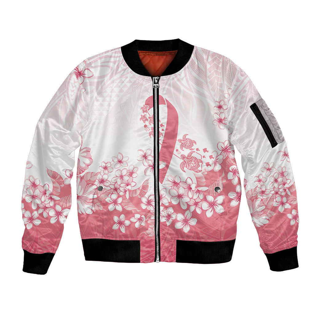 Breast Cancer Awareness Polynesian Sleeve Zip Bomber Jacket Floral Pink Ribbon