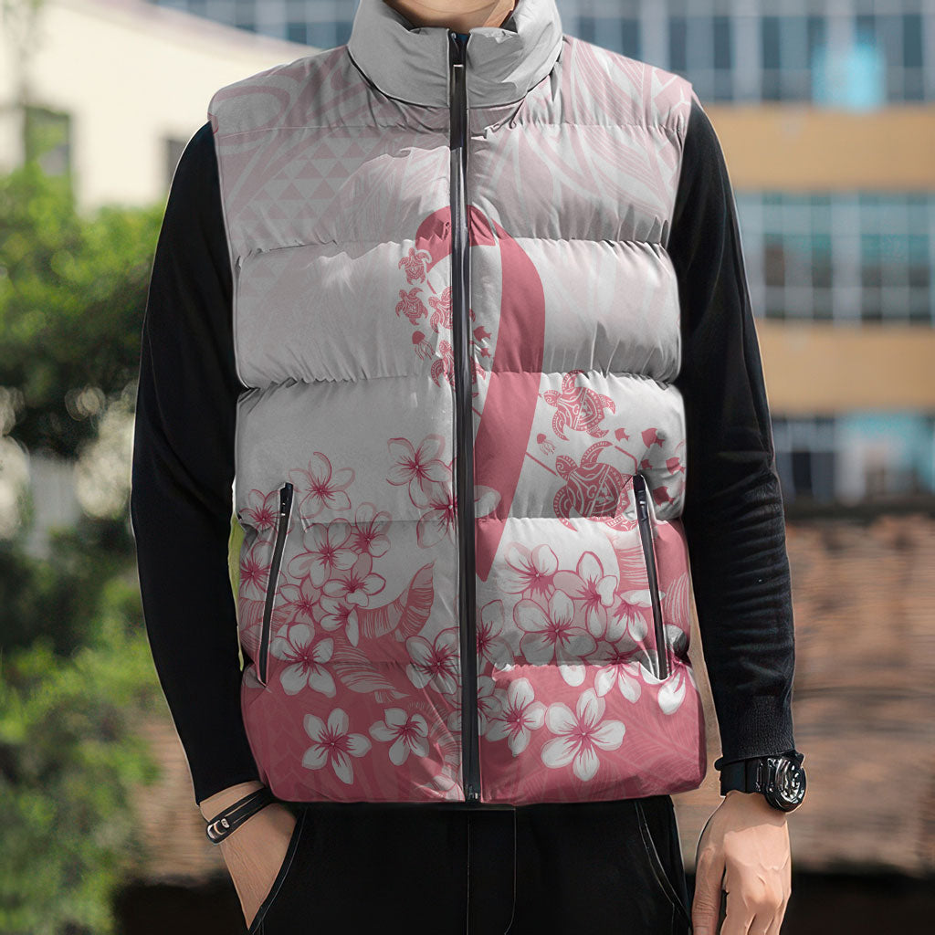 Breast Cancer Awareness Polynesian Sleeveless Puffer Jacket Floral Pink Ribbon