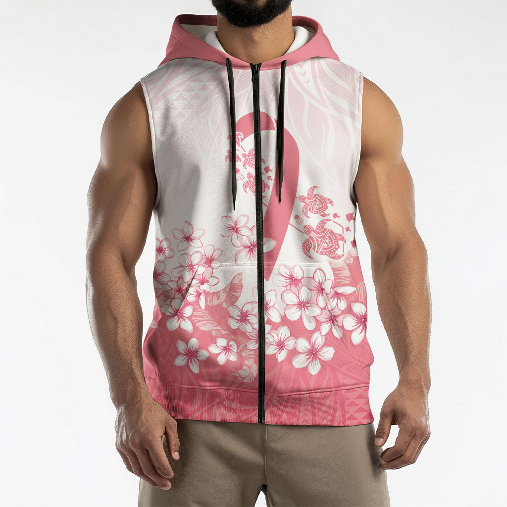 Breast Cancer Awareness Polynesian Sleeveless Zip Hoodie Floral Pink Ribbon