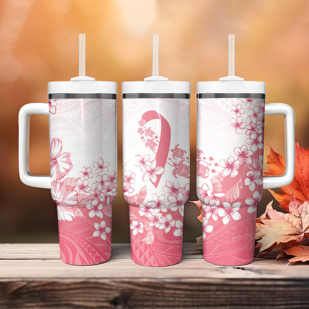 Breast Cancer Awareness Polynesian Tumbler With Handle Floral Pink Ribbon