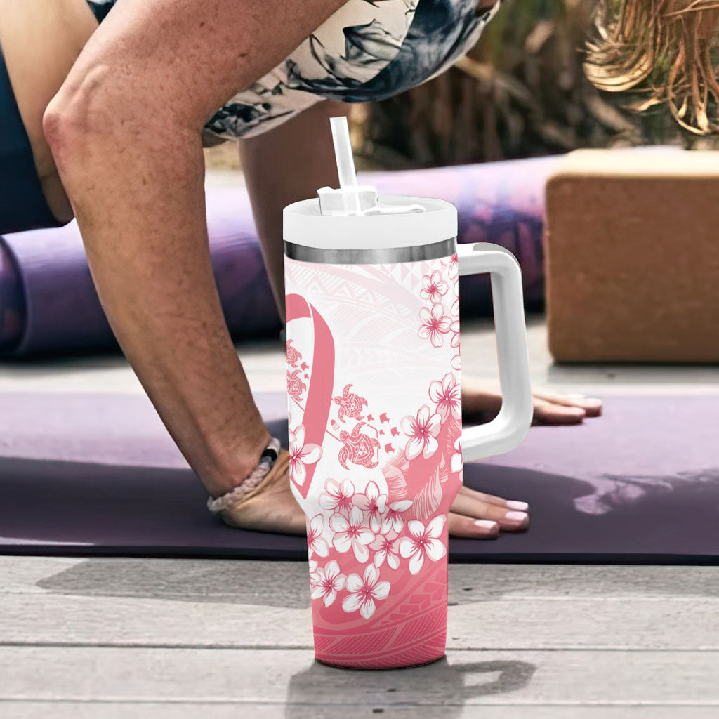 Breast Cancer Awareness Polynesian Tumbler With Handle Floral Pink Ribbon