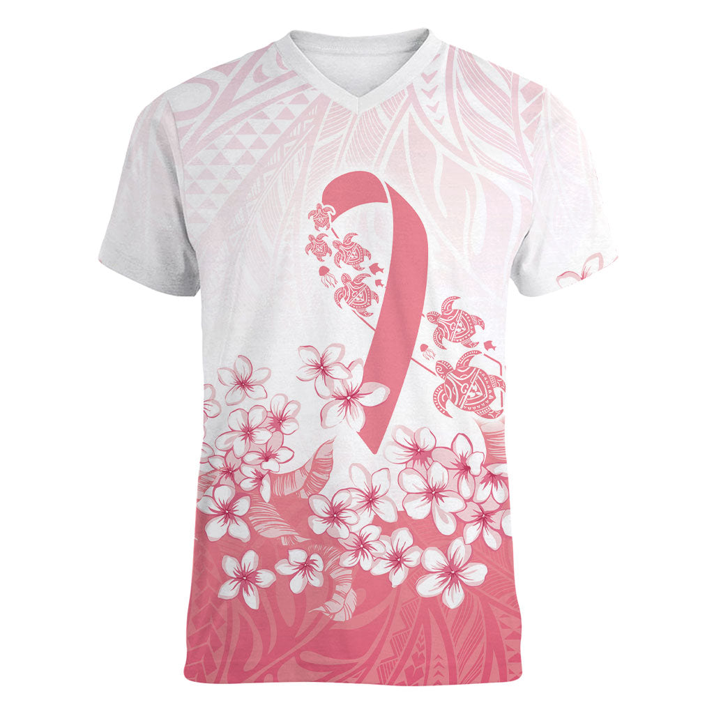 Breast Cancer Awareness Polynesian Women V-Neck T-Shirt Floral Pink Ribbon