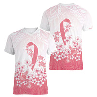 Breast Cancer Awareness Polynesian Women V-Neck T-Shirt Floral Pink Ribbon