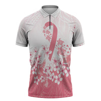 Breast Cancer Awareness Polynesian Zipper Polo Shirt Floral Pink Ribbon