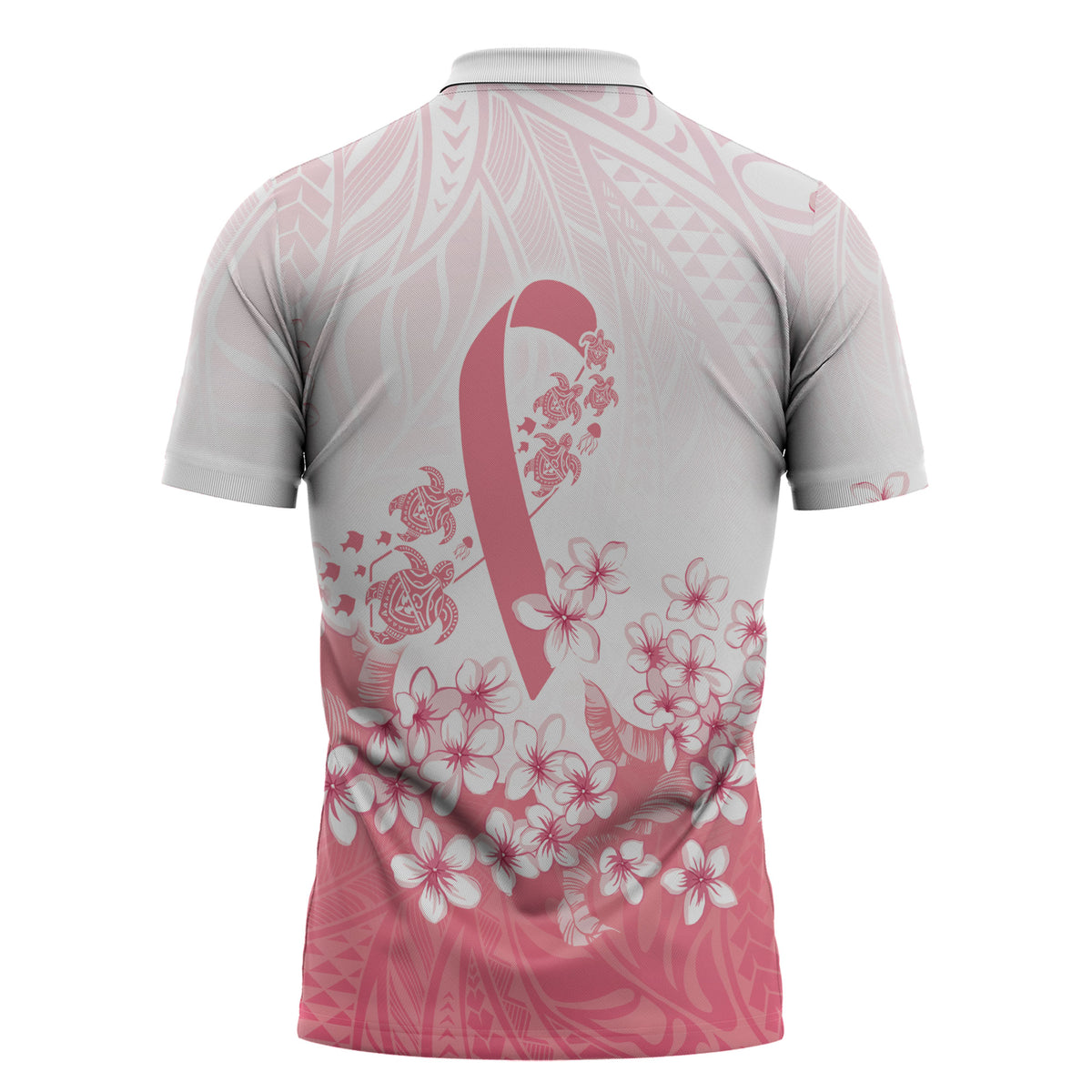 Breast Cancer Awareness Polynesian Zipper Polo Shirt Floral Pink Ribbon