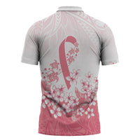 Breast Cancer Awareness Polynesian Zipper Polo Shirt Floral Pink Ribbon