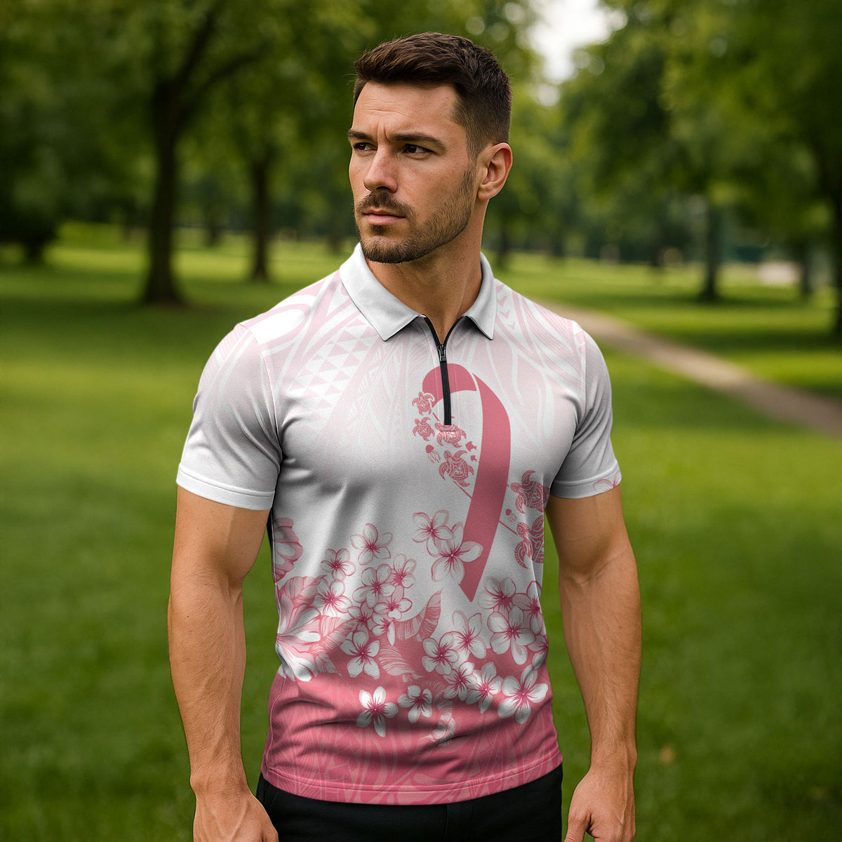 Breast Cancer Awareness Polynesian Zipper Polo Shirt Floral Pink Ribbon