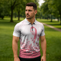 Breast Cancer Awareness Polynesian Zipper Polo Shirt Floral Pink Ribbon