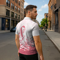 Breast Cancer Awareness Polynesian Zipper Polo Shirt Floral Pink Ribbon