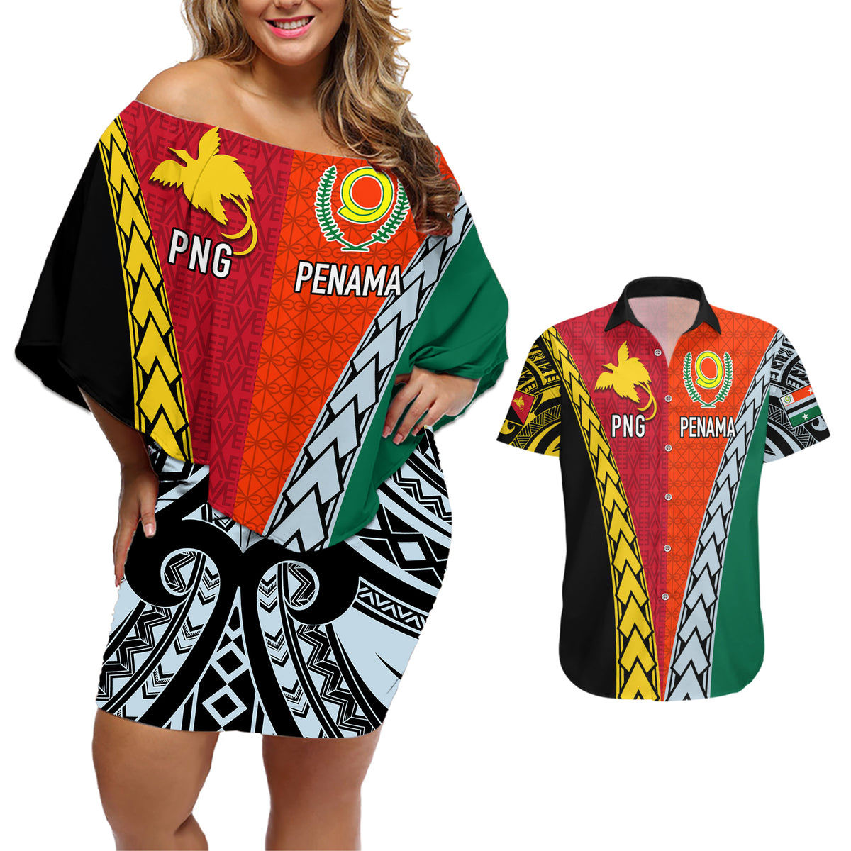 Personalised Papua New Guinea Mix Penama Couples Matching Off Shoulder Short Dress and Hawaiian Shirt Tribal Patterns Half-Half Style LT7 Colorful - Polynesian Pride