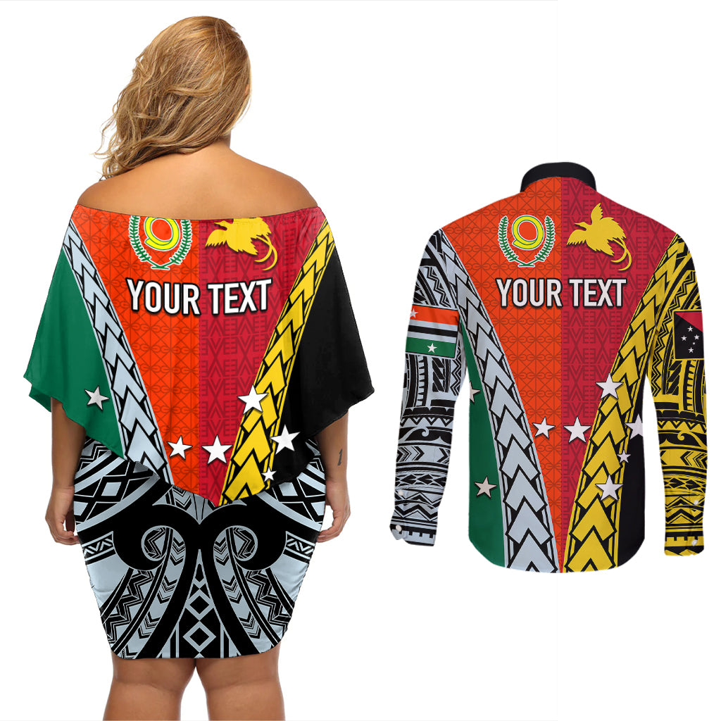 Personalised Papua New Guinea Mix Penama Couples Matching Off Shoulder Short Dress and Long Sleeve Button Shirts Tribal Patterns Half-Half Style LT7 - Polynesian Pride
