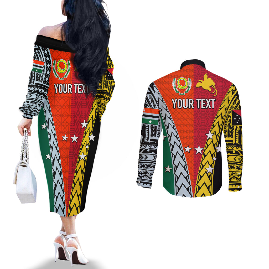Personalised Papua New Guinea Mix Penama Couples Matching Off The Shoulder Long Sleeve Dress and Long Sleeve Button Shirts Tribal Patterns Half-Half Style LT7 - Polynesian Pride