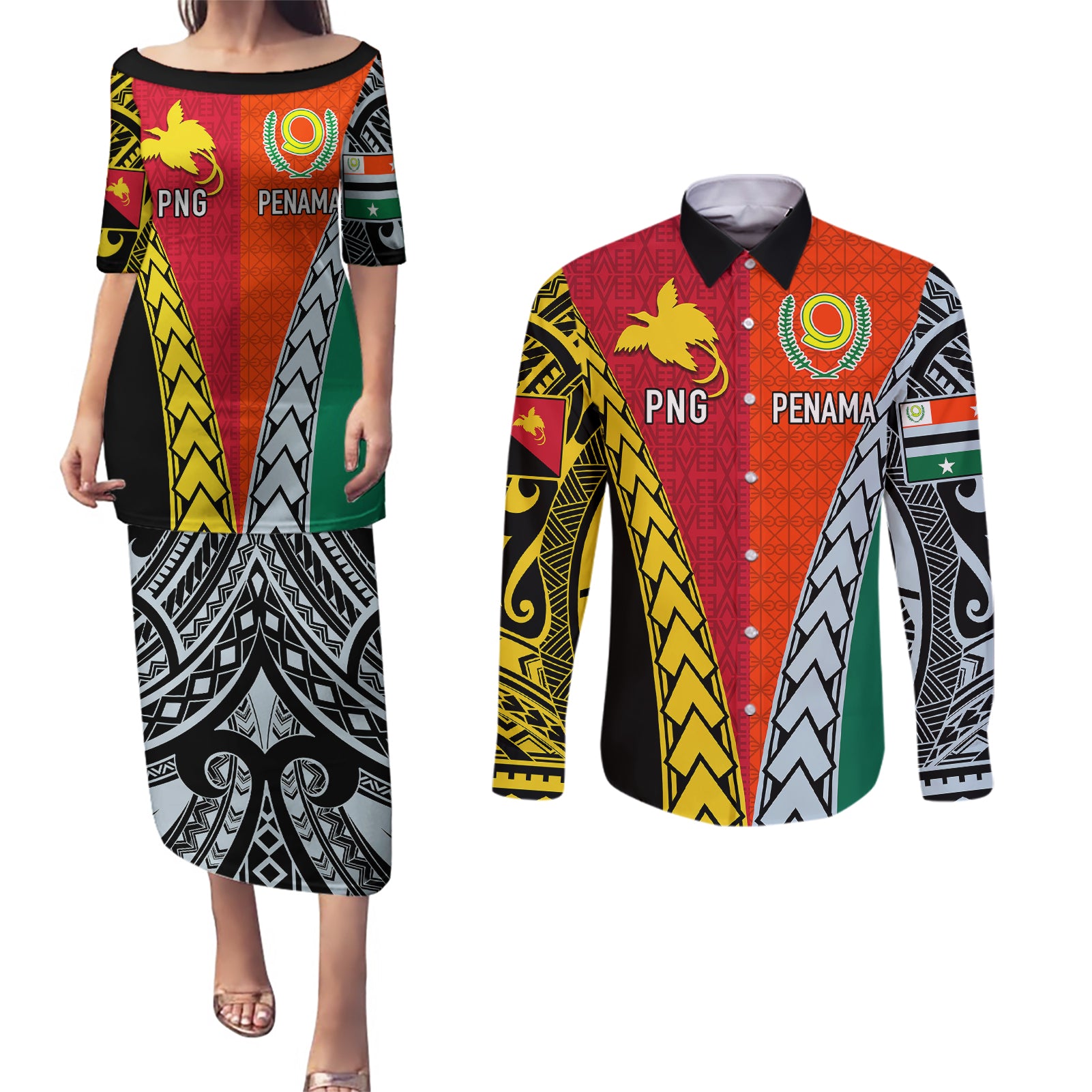 Personalised Papua New Guinea Mix Penama Couples Matching Puletasi Dress and Long Sleeve Button Shirts Tribal Patterns Half-Half Style LT7 Colorful - Polynesian Pride