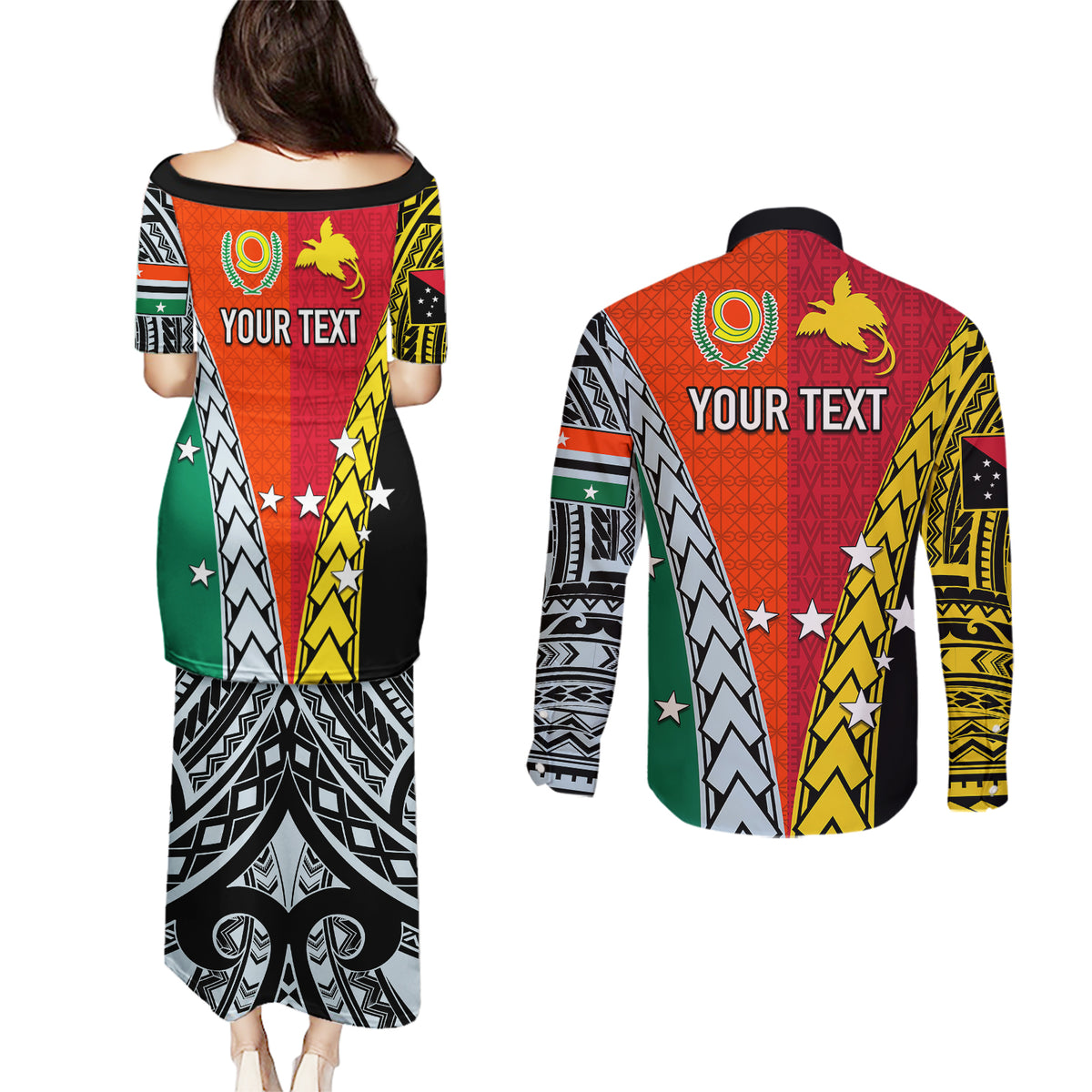Personalised Papua New Guinea Mix Penama Couples Matching Puletasi Dress and Long Sleeve Button Shirts Tribal Patterns Half-Half Style LT7 - Polynesian Pride