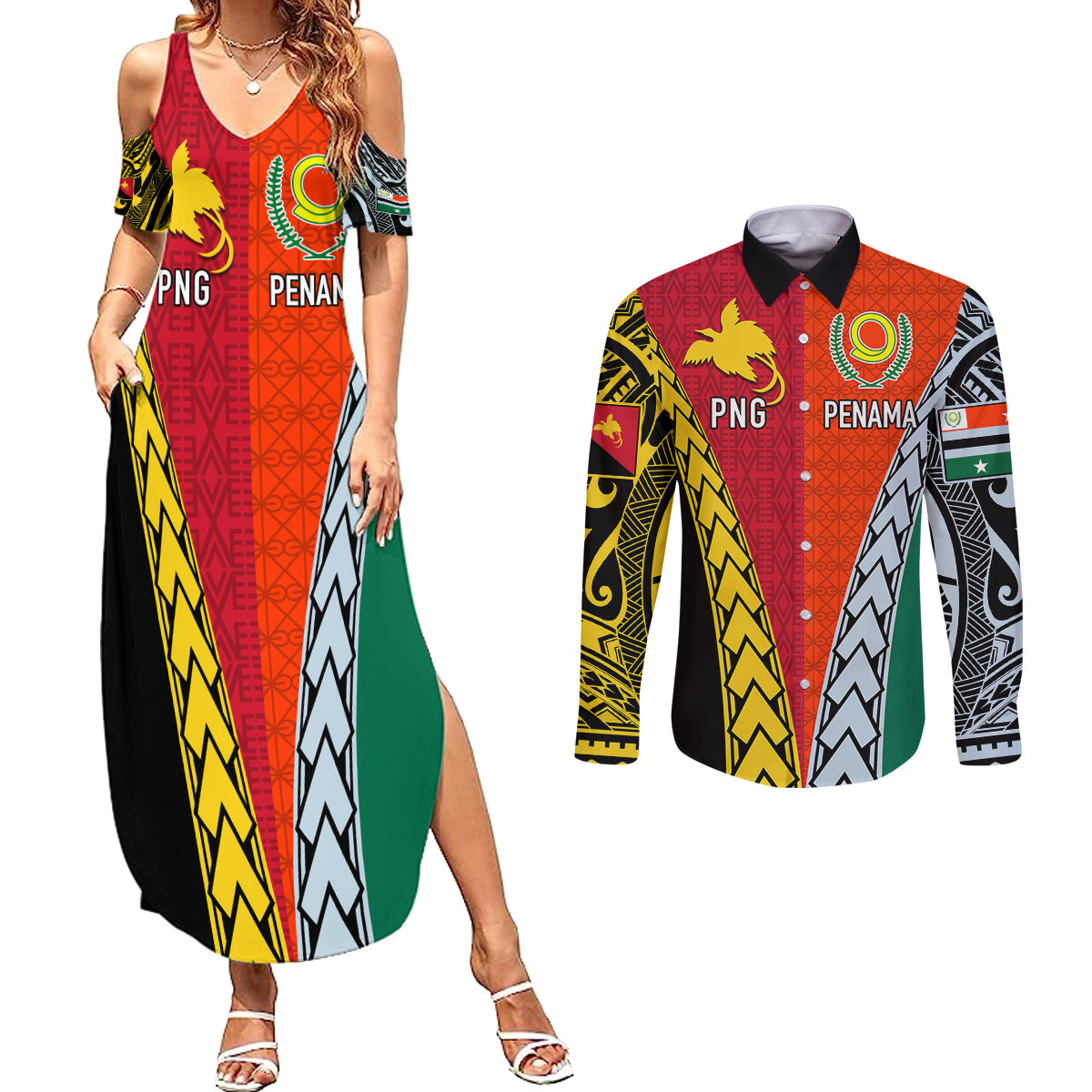 Personalised Papua New Guinea Mix Penama Couples Matching Summer Maxi Dress and Long Sleeve Button Shirts Tribal Patterns Half-Half Style LT7 Colorful - Polynesian Pride