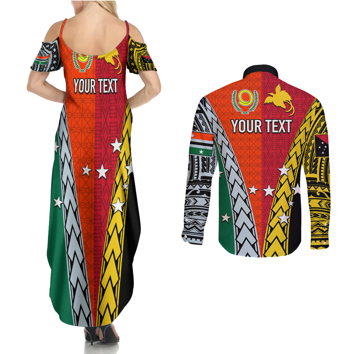 Personalised Papua New Guinea Mix Penama Couples Matching Summer Maxi Dress and Long Sleeve Button Shirts Tribal Patterns Half-Half Style LT7 - Polynesian Pride