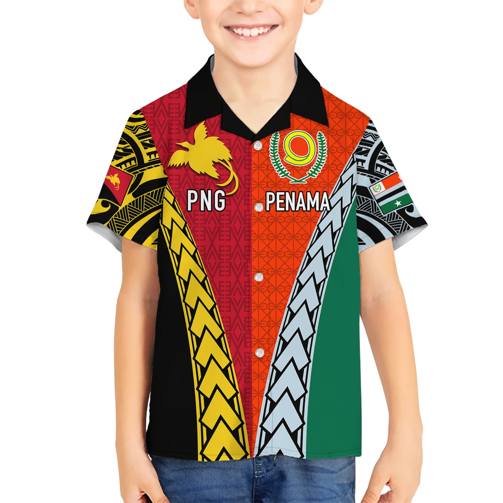 Personalised Papua New Guinea Mix Penama Kid Hawaiian Shirt Tribal Patterns Half-Half Style LT7 Kid Colorful - Polynesian Pride