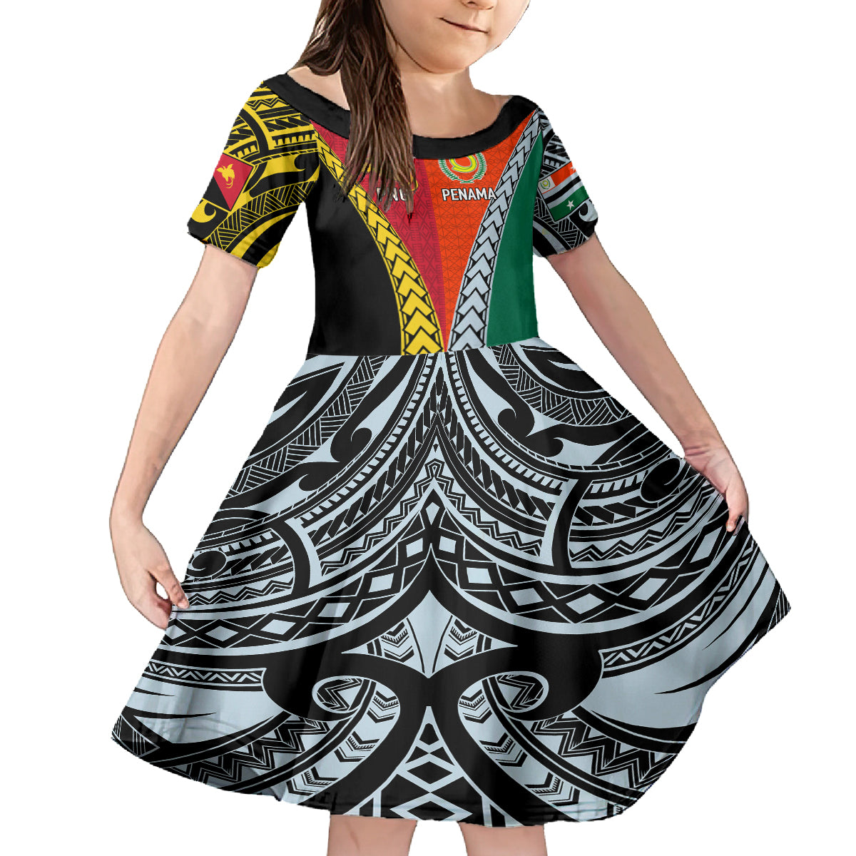 Personalised Papua New Guinea Mix Penama Kid Short Sleeve Dress Tribal Patterns Half-Half Style LT7 KID Colorful - Polynesian Pride