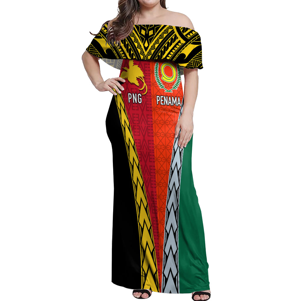 Personalised Papua New Guinea Mix Penama Off Shoulder Maxi Dress Tribal Patterns Half-Half Style LT7 Women Colorful - Polynesian Pride