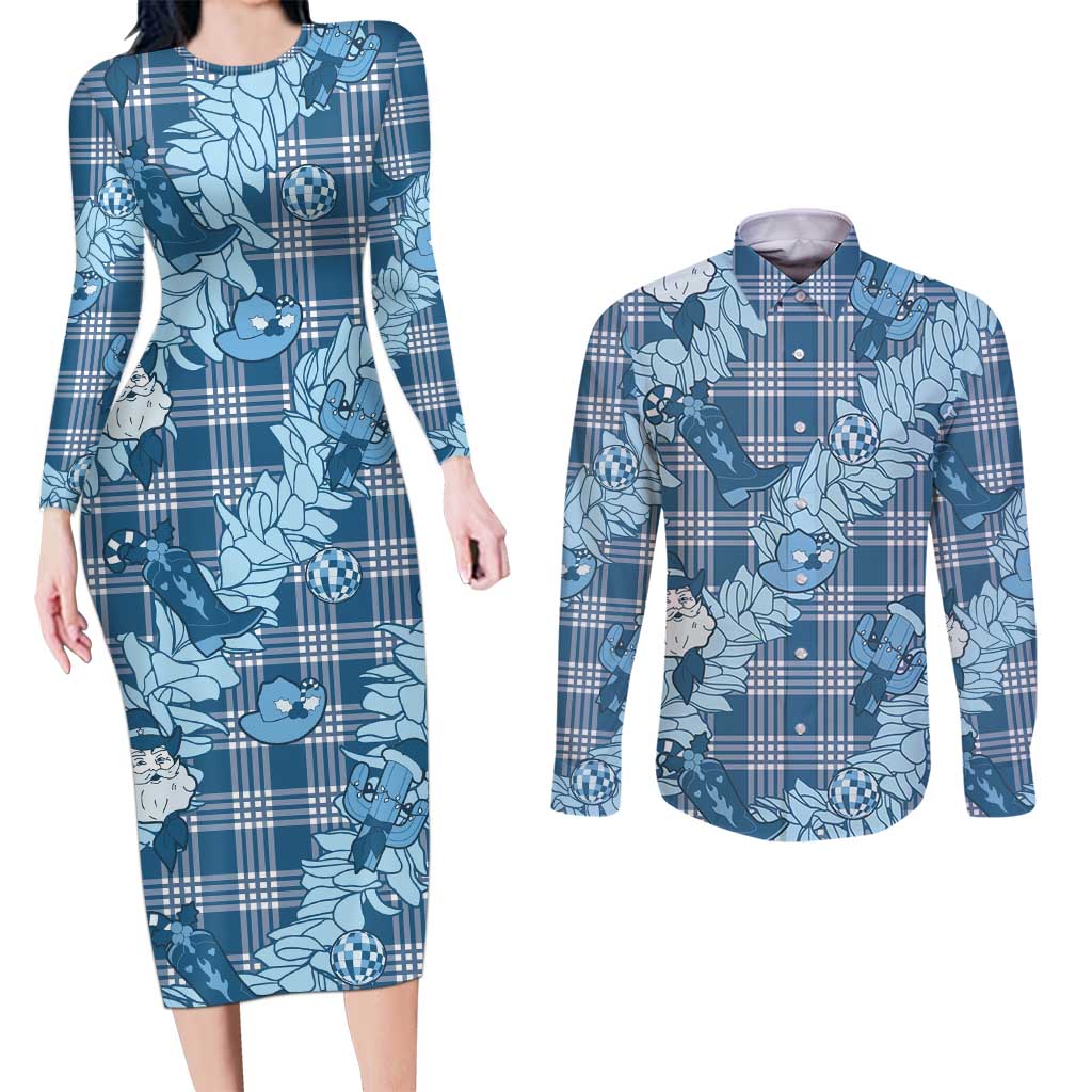 Blue Palaka Hawaii Cowboy Christmas Couples Matching Long Sleeve Bodycon Dress and Long Sleeve Button Shirt Paniolo Mix Maile Lei LT7 Blue - Polynesian Pride