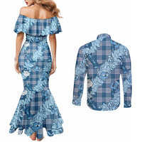 Blue Palaka Hawaii Cowboy Christmas Couples Matching Mermaid Dress and Long Sleeve Button Shirt Paniolo Mix Maile Lei LT7 - Polynesian Pride