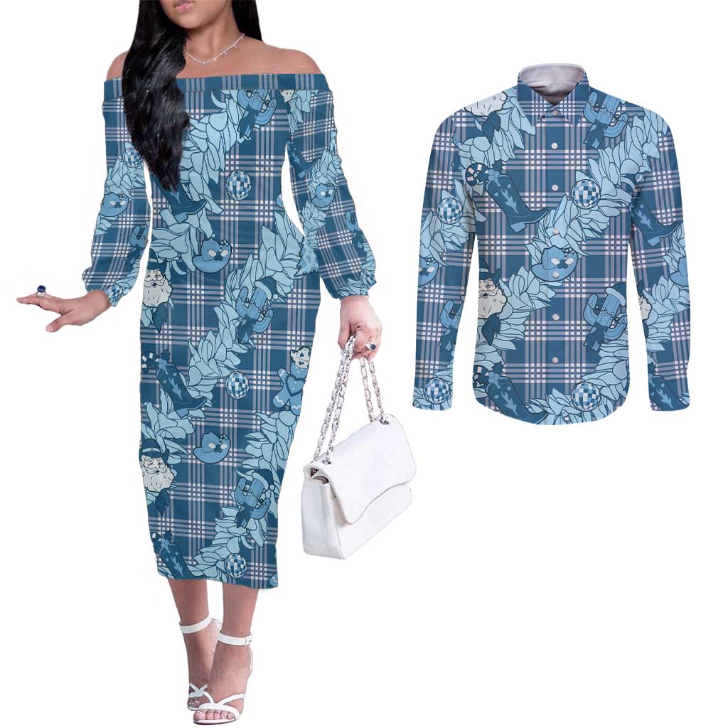 Blue Palaka Hawaii Cowboy Christmas Couples Matching Off The Shoulder Long Sleeve Dress and Long Sleeve Button Shirt Paniolo Mix Maile Lei LT7 Blue - Polynesian Pride
