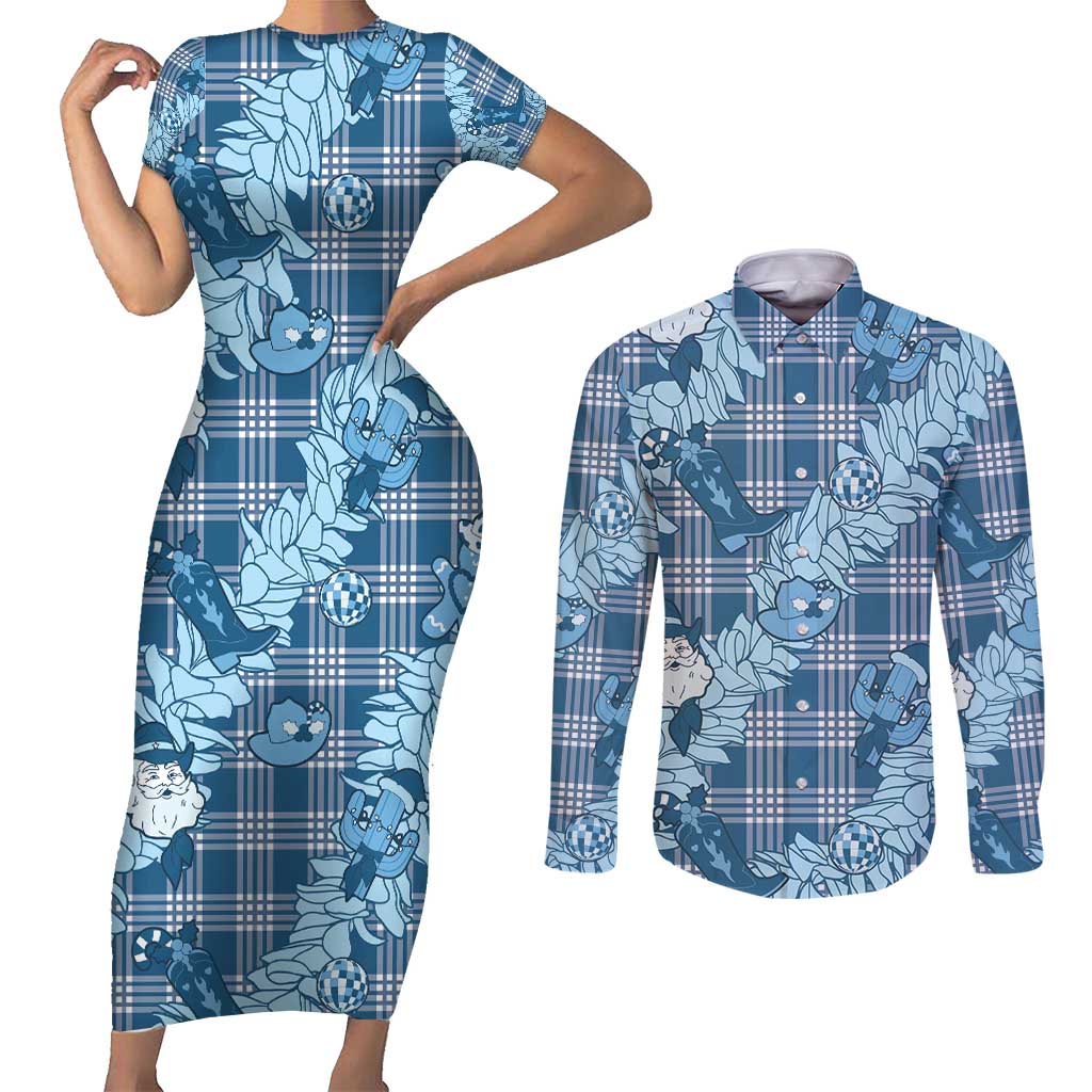Blue Palaka Hawaii Cowboy Christmas Couples Matching Short Sleeve Bodycon Dress and Long Sleeve Button Shirt Paniolo Mix Maile Lei LT7 Blue - Polynesian Pride