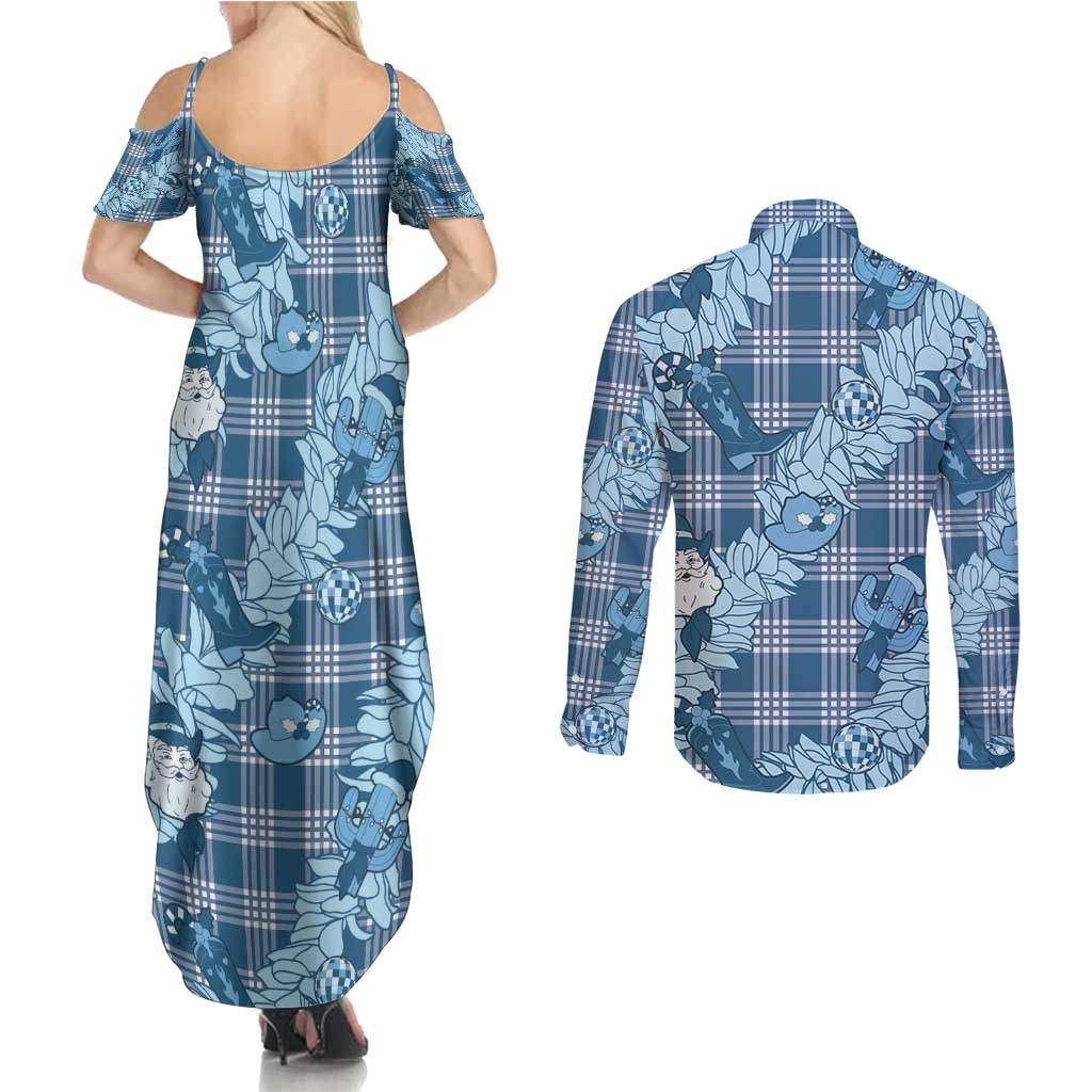 Blue Palaka Hawaii Cowboy Christmas Couples Matching Summer Maxi Dress and Long Sleeve Button Shirt Paniolo Mix Maile Lei - Polynesian Pride