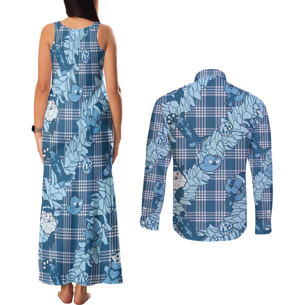 Blue Palaka Hawaii Cowboy Christmas Couples Matching Tank Maxi Dress and Long Sleeve Button Shirt Paniolo Mix Maile Lei - Polynesian Pride