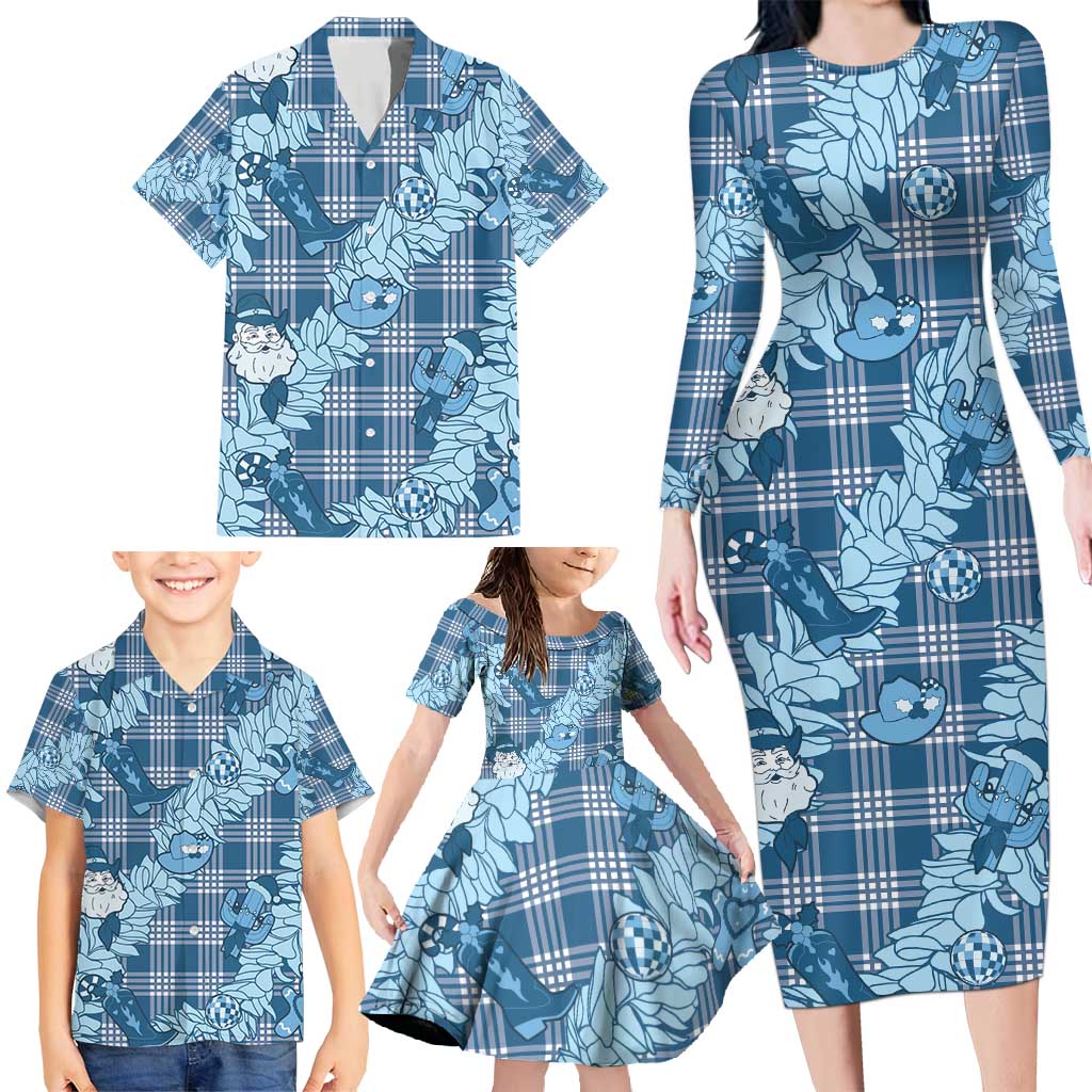 Blue Palaka Hawaii Cowboy Christmas Family Matching Long Sleeve Bodycon Dress and Hawaiian Shirt Paniolo Mix Maile Lei - Polynesian Pride