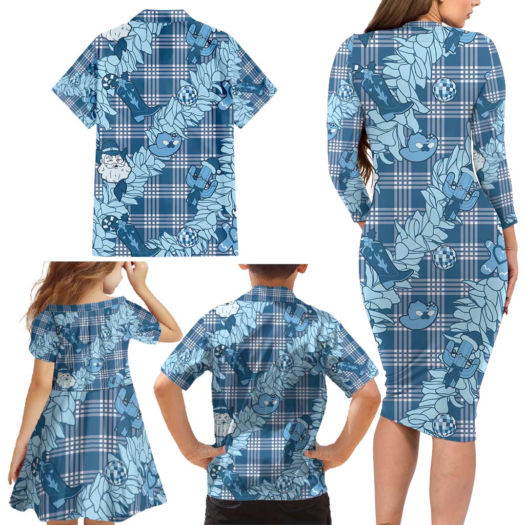 Blue Palaka Hawaii Cowboy Christmas Family Matching Long Sleeve Bodycon Dress and Hawaiian Shirt Paniolo Mix Maile Lei - Polynesian Pride